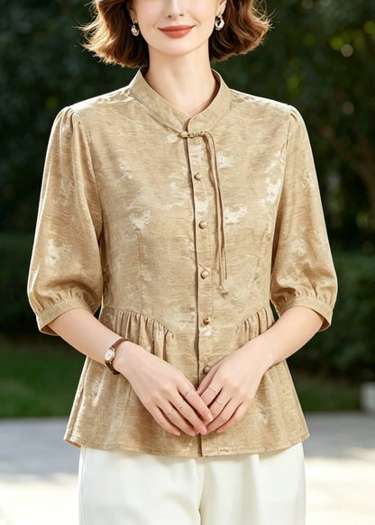 Khaki Tasseled Wrinkled Silk Blouse Tops Half Sleeve