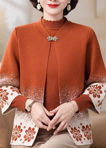 Orange Stand Collar Button Cotton Knit Cardigans and Sweater Two-piece Set Fall