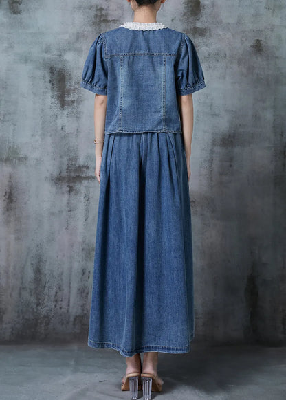 Blue V Neck Patchwork Denim Two Pieces Set Fall