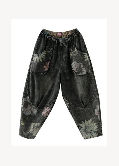 Black Grey Pockets Print Patchwork Denim Pants Fall