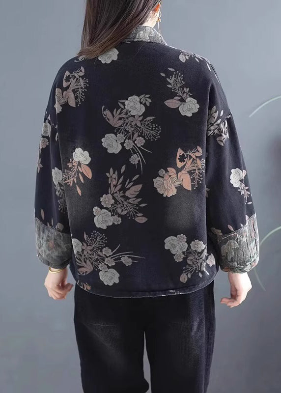 Black Pockets Print Denim Warm Fleece Coats Winter