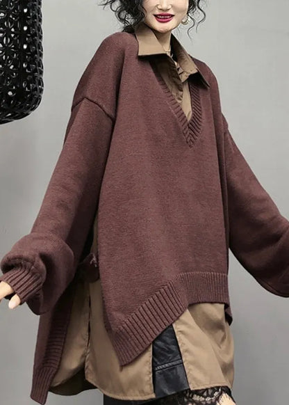Brown Asymmetrical Patchwork Side Open Knit Dresses Spring