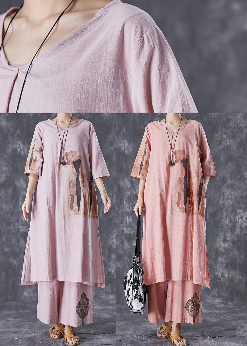 Italian Pink Oversized Print Linen Dress and Pants Sets 2 Pieces Summer
