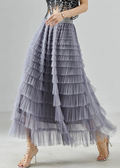 Grey Elastic Waist Layered Tulle Skirts Summer