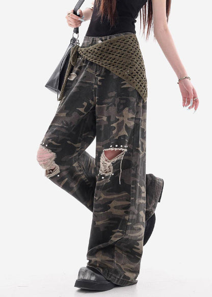 Camouflage Hole Pockets Patchwork Denim Pants Fall