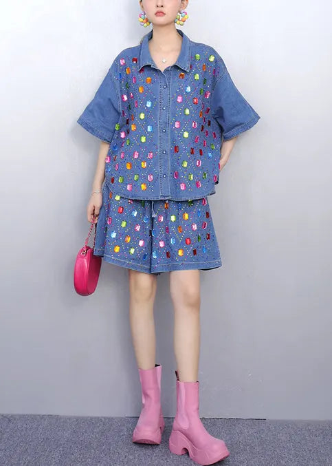 Rhinestone Denim Blue Shirts and Shorts Two Pieces Set Summer