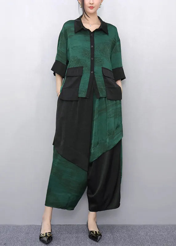 Green Peter Pan Collar Top and Wide Leg Pants Two Pieces Set Summer