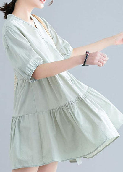 Green Short Sleeve a Line Dress Cotton