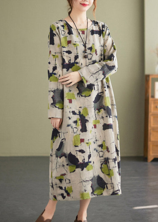 Retro O-neck Print Pockets Linen Vacation Dresses Long Sleeve