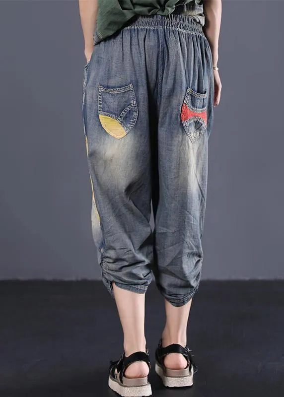 Blue Cotton New Patchwork Pants Loose Cinched Jeans