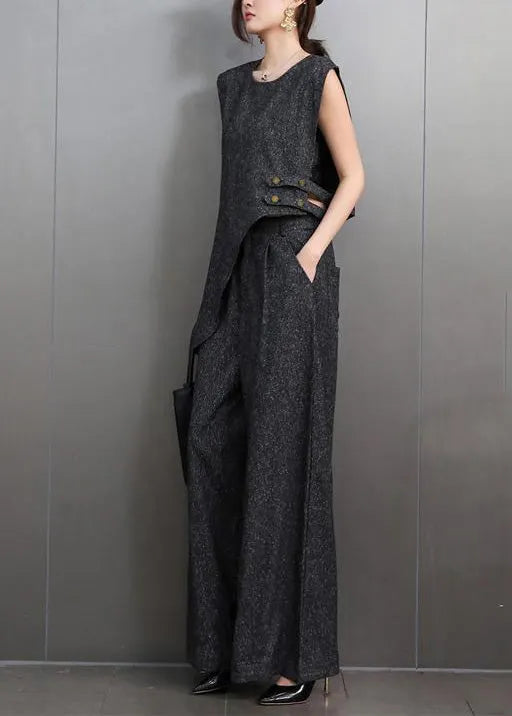 French Navy Asymmetrical Design Denim Two-piece Set Sleeveless
