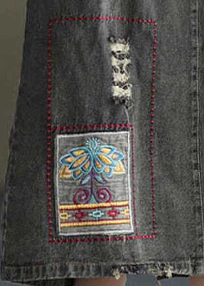 Black Side Open Embroideried Pockets Cotton Denim Ripped Skirt Summer