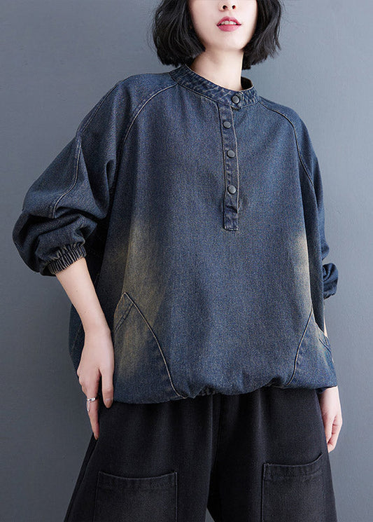 Blue Stand Collar Pockets Drawstring Denim Tops Spring