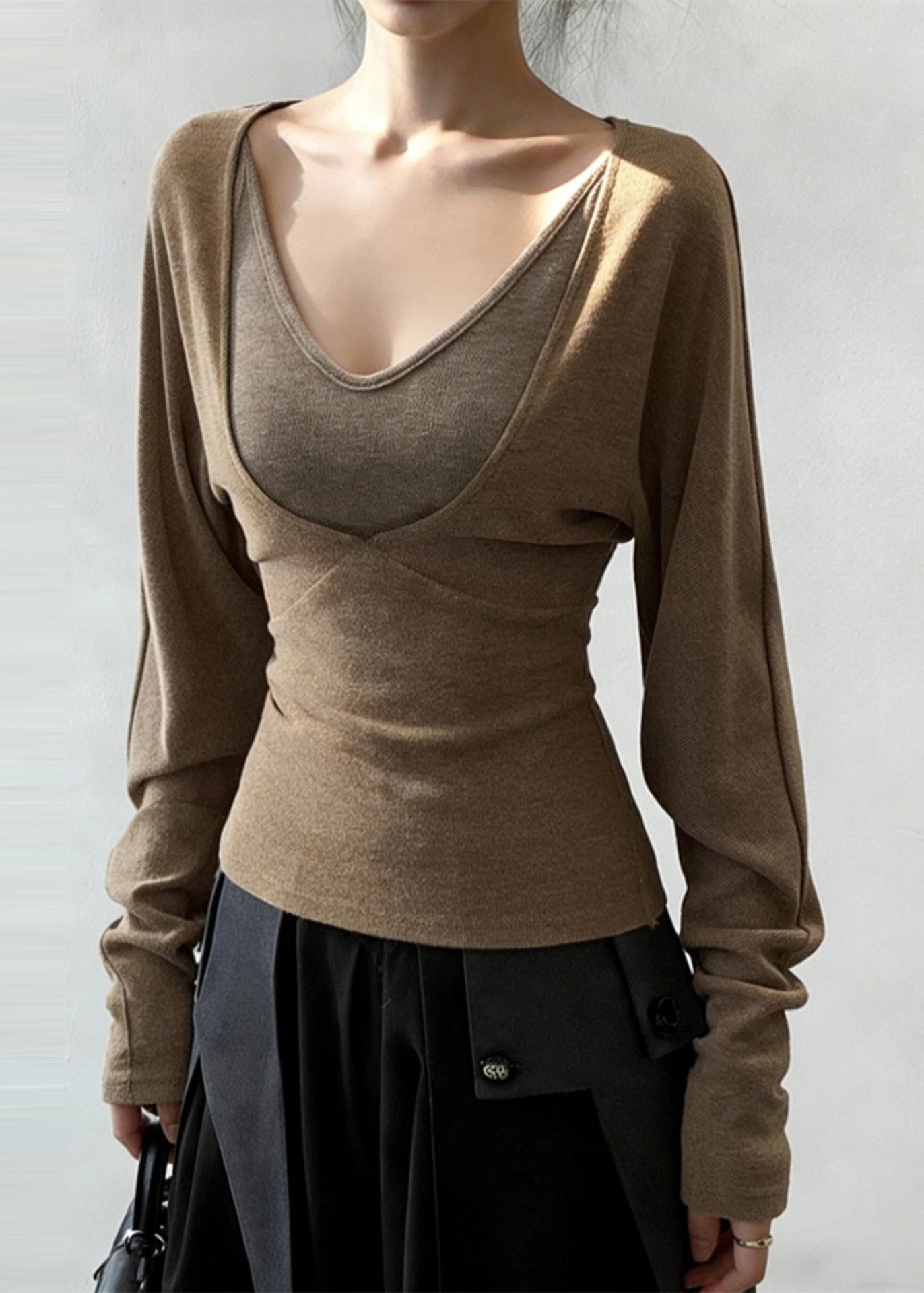 Khaki V Neck Patchwork Cotton Shirt Tops Spring