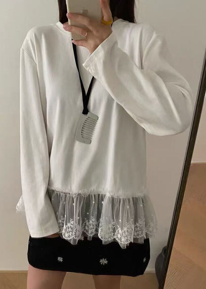 White O Neck Lace Patchwork Cotton T Shirts Top Spring