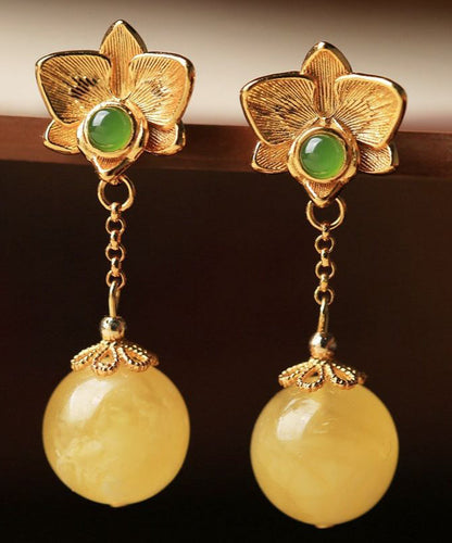 Fine Yellow Sterling Silver Overgild Beeswax Amber Crystal Drop Earrings