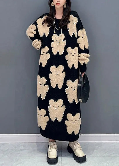 Handmade Black O Neck Little Bear Nail Bead Cotton Knit Long Dresses Fall