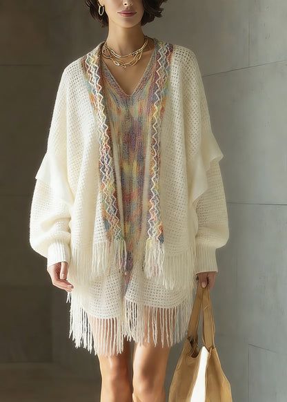 White Print Patchwork Tassel Knit Cardigan Spring