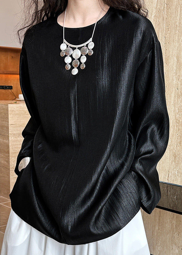 Boutique Simple Black O Neck Silk Shirts Long Sleeve