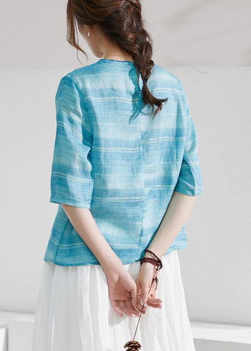 Blue Striped Chinese Style O-neck Summer Ramie Blouse Half Sleeve