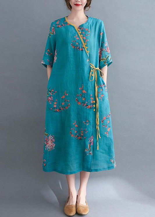 French Blue Print Tie Waist Mid Summer Cotton Dress
