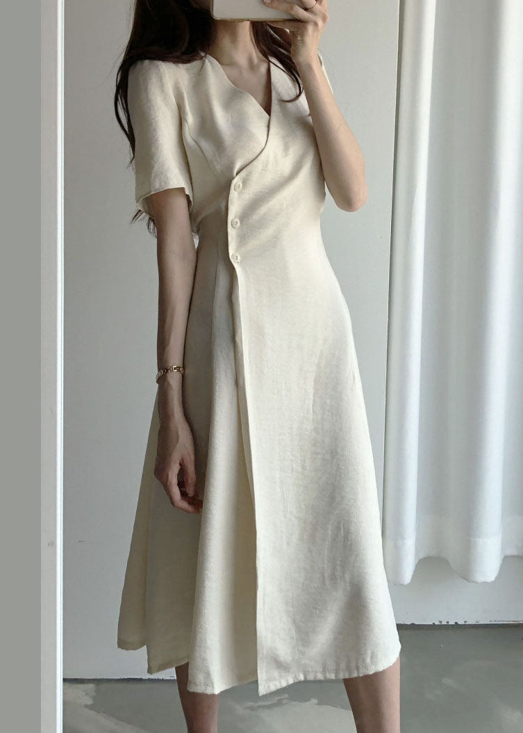 Boutique Beige V Neck Cotton Long Dresses Short Sleeve Summer