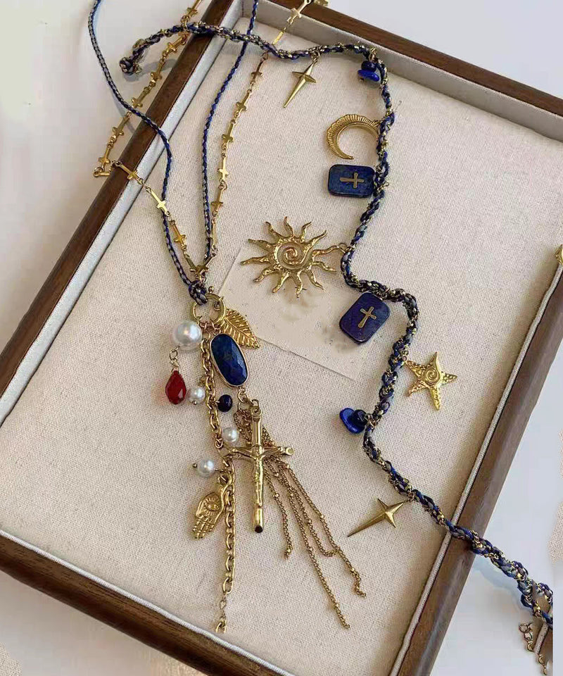 Handmade Blue Alloy Weave Lapis Lazuli Sun Pendant Necklace Two-piece Set