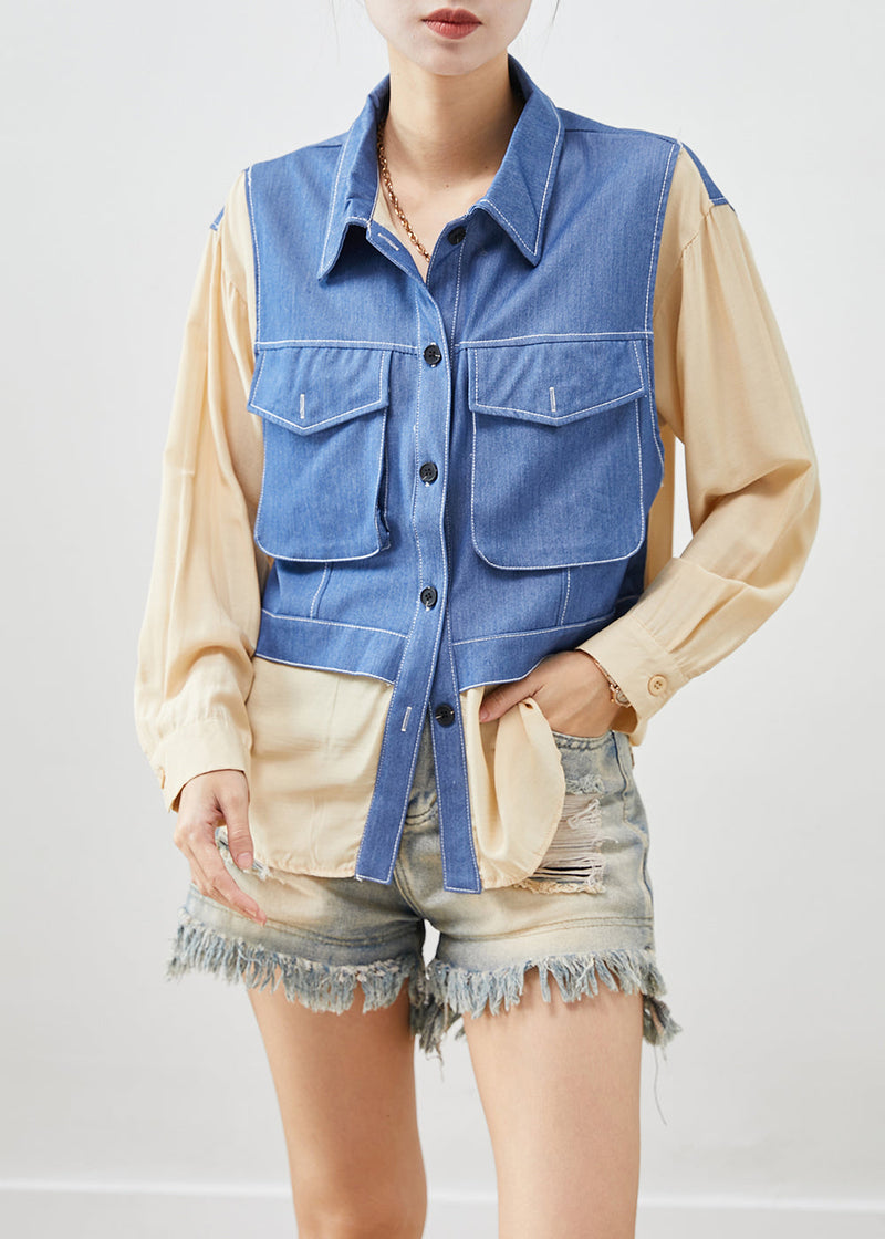Apricot Oversized Patchwork Cotton Fake Two Piece Shirt Top Fall