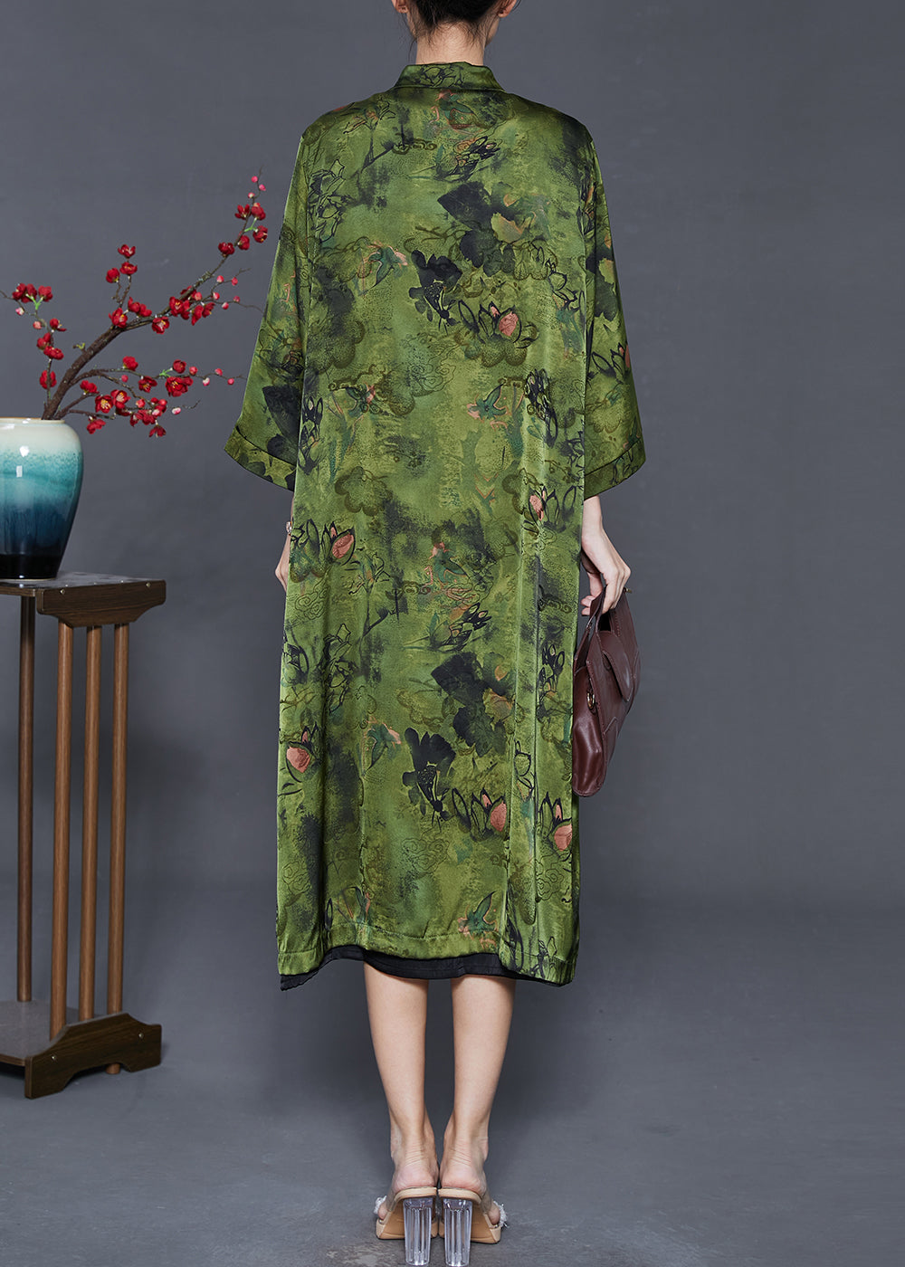 Boutique Green Oversized Print Silk Two Piece Set Clothing Spring