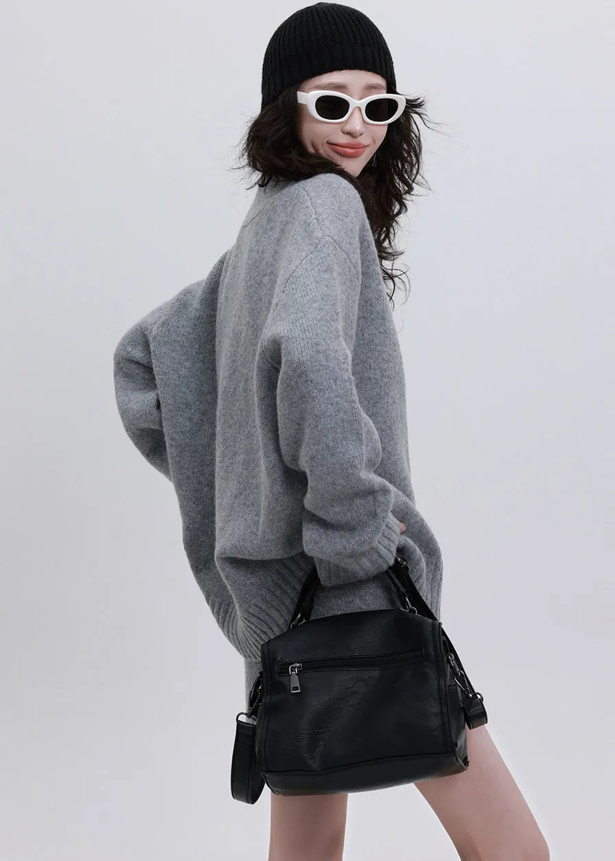 Natural Grey Oversized Warm Knit Sweater and Skirt Two-piece Set Winter