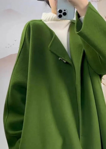 Classy Green O Neck Pockets Woolen Coat Fall