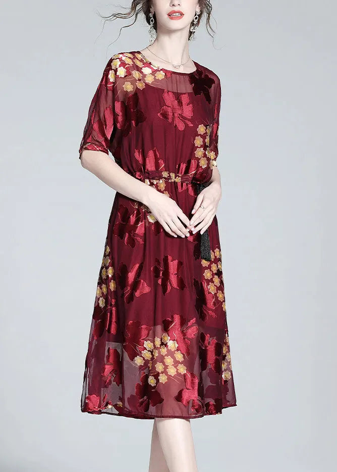Diy Red O-neck Print Tunic Silk Maxi Dresses and Slip Dress Two Pieces Set Summer