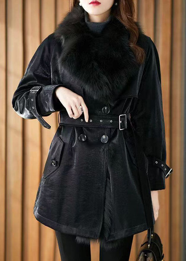 Black Peter Pan Collar Tie Waist Patchwork Fuzzy Fur Fluffy Coats Winter