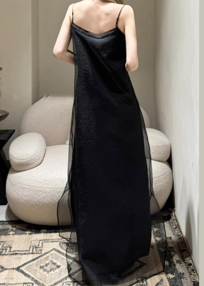 Simple Black Cold Shoulder Tulle Spaghetti Strap Dress Sleeveless