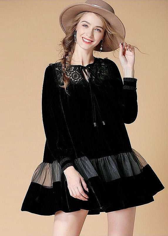 Black Embroideried Patchwork Velour Mini Dress Spring