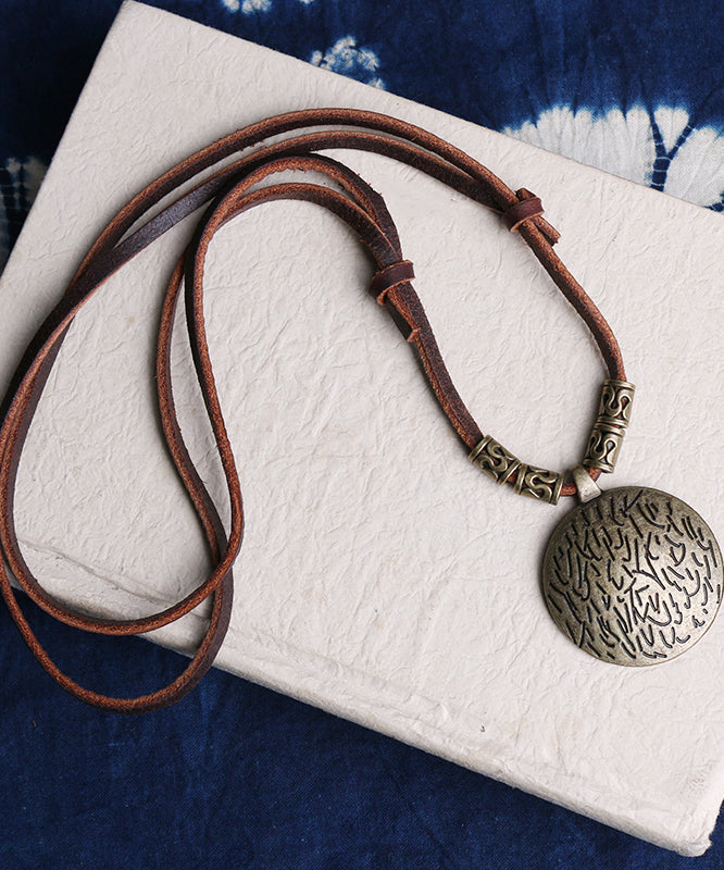 Brown Alloy Leather Rope Pendant Necklace