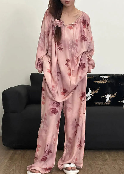 Loose Pink Print Lace Up Cotton Pajamas Two Piece Set Fall