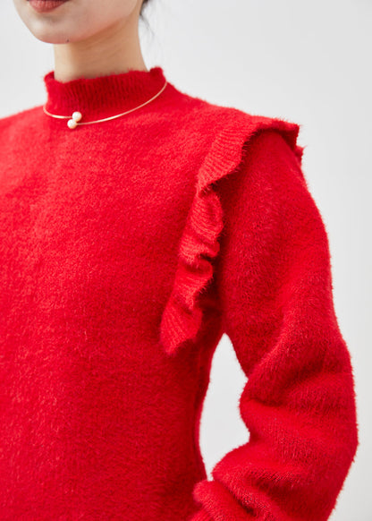 Classy Red Ruffled Patchwork Thick Knit Short Sweater Winter