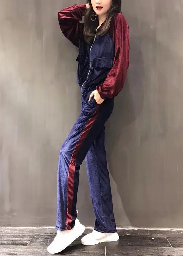 Purple Stand Collar Silk Velour Coats and Wide Leg Pants Two Pieces Set Fall