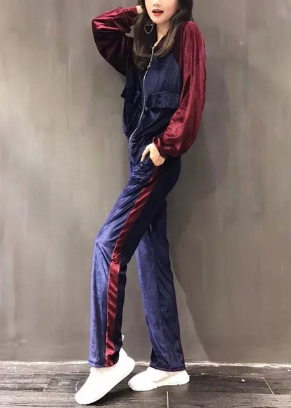 Purple Stand Collar Silk Velour Coats and Wide Leg Pants Two Pieces Set Fall