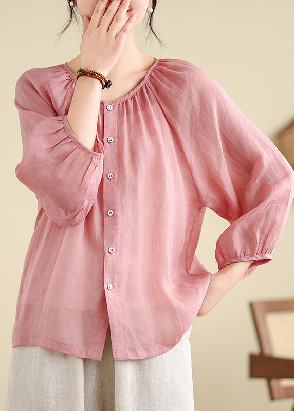 Brief Pink O-neck Tops Puff Sleeve