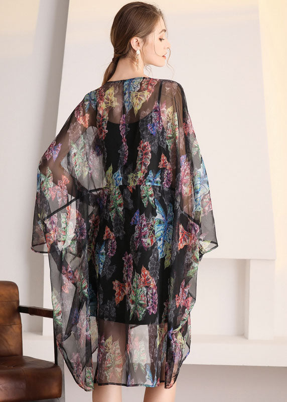 Black Oversized Print Hollow Out Tulle Cardigan Summer