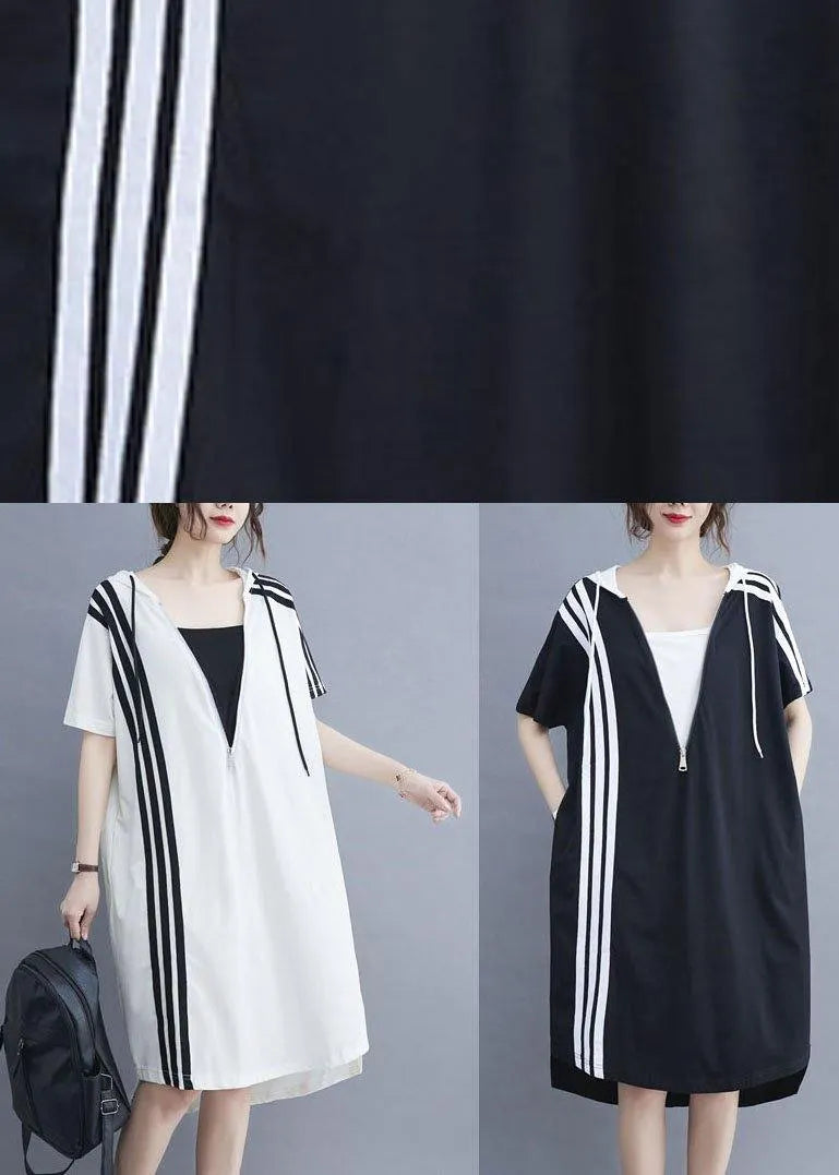 Handmade White Hooded Zippered Cotton Summer Mid Dress