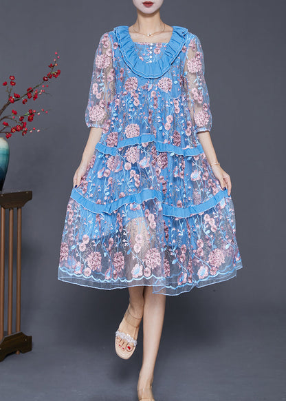 Modern Lake Blue Ruffled Patchwork Embroideried Tulle Dress Summer