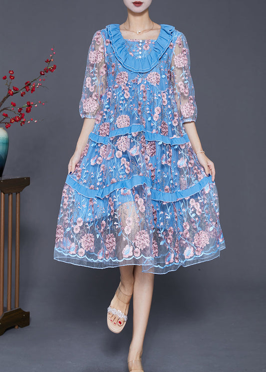 Modern Lake Blue Ruffled Patchwork Embroideried Tulle Dress Summer