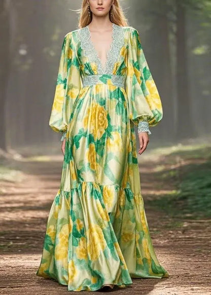 Green Print High Waist Silk Maxi Dress V Neck Spring