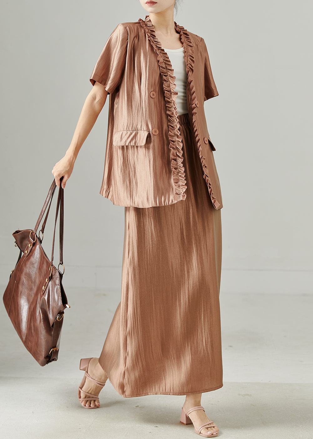 Stylish Brown Ruffled Silk Sets 2 Pieces Summer