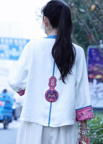 White Embroideried Linen Tops Long Sleeve