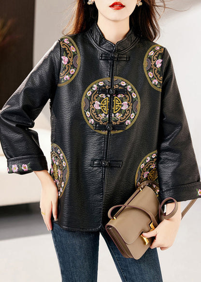 Loose Black Stand Collar Embroideried Chinese Button Faux Leather Jacket Fall