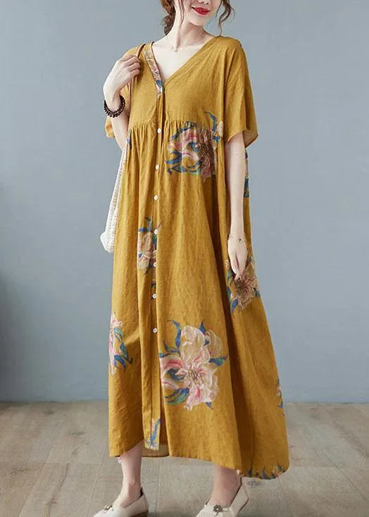 Black Flower Retro Button Summer Print Half Sleeve Maxi Dress